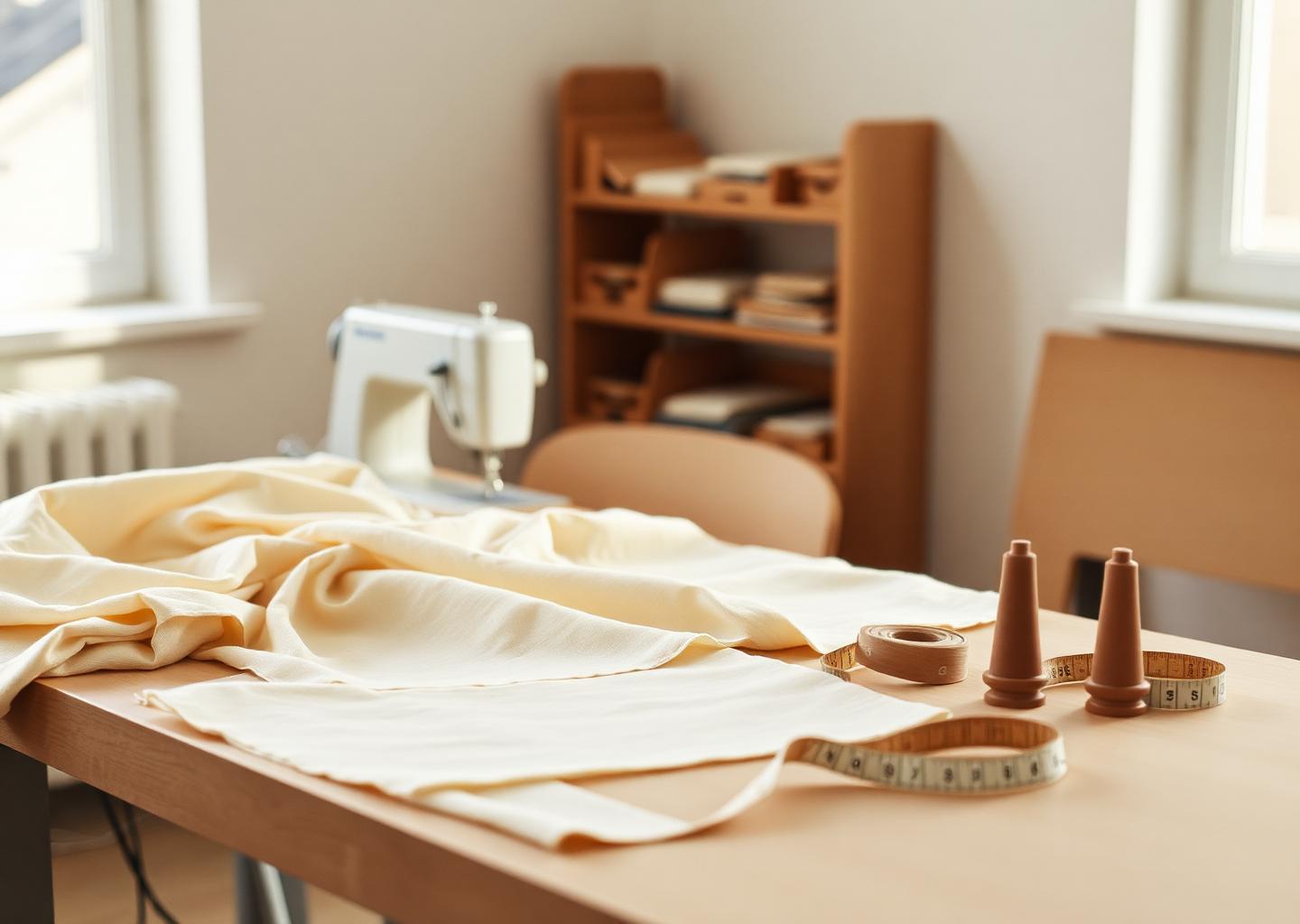 Cutting table with fabrics and measuring tape